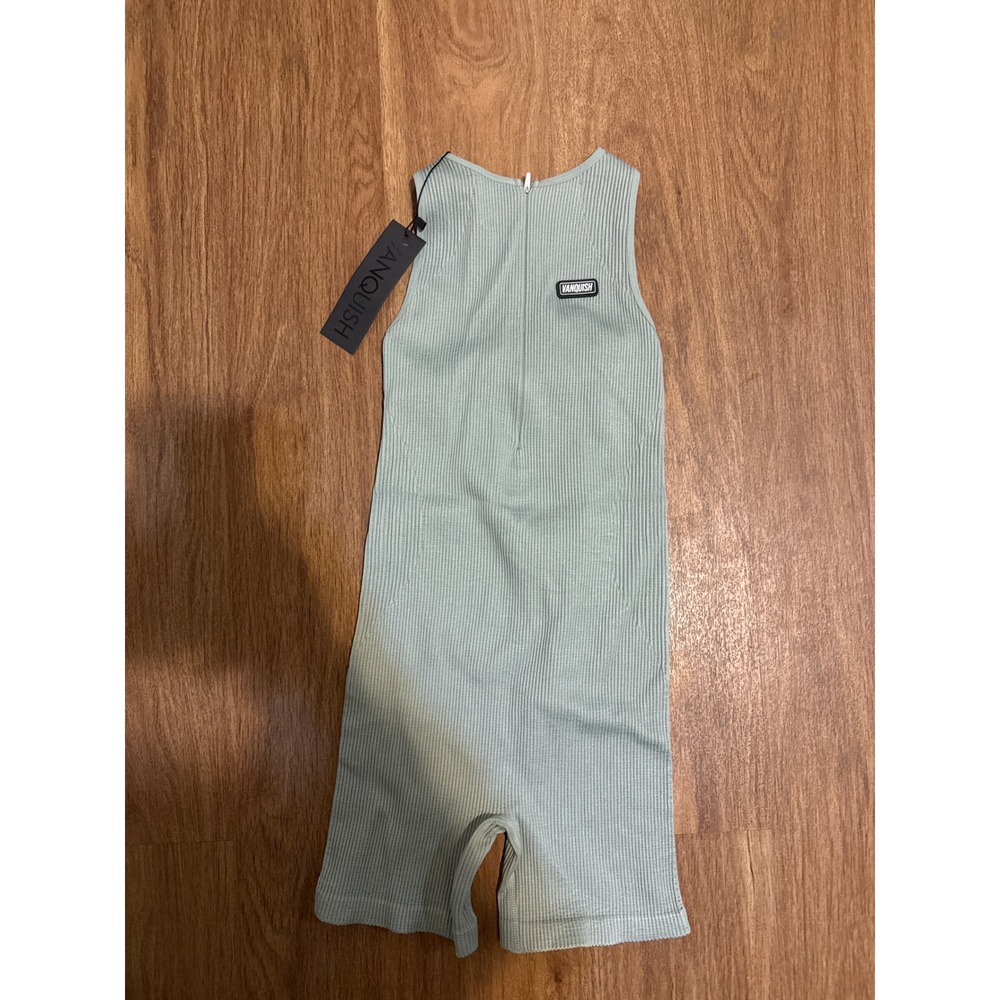 Vanquish Fitness Womens Ribbed Seamless Unitard Sage Green Back Cutout‎ Romper S